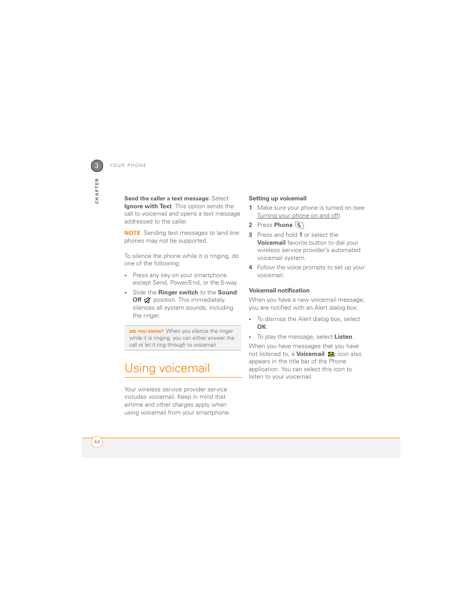 Using voicemail, Setting up voicemail, Voicemail notification | Palm 700P User Manual | Page 50 / 286