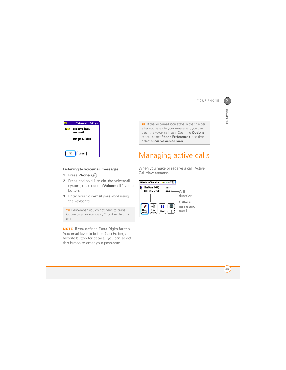 Listening to voicemail messages, Managing active calls | Palm 700P User Manual | Page 51 / 286