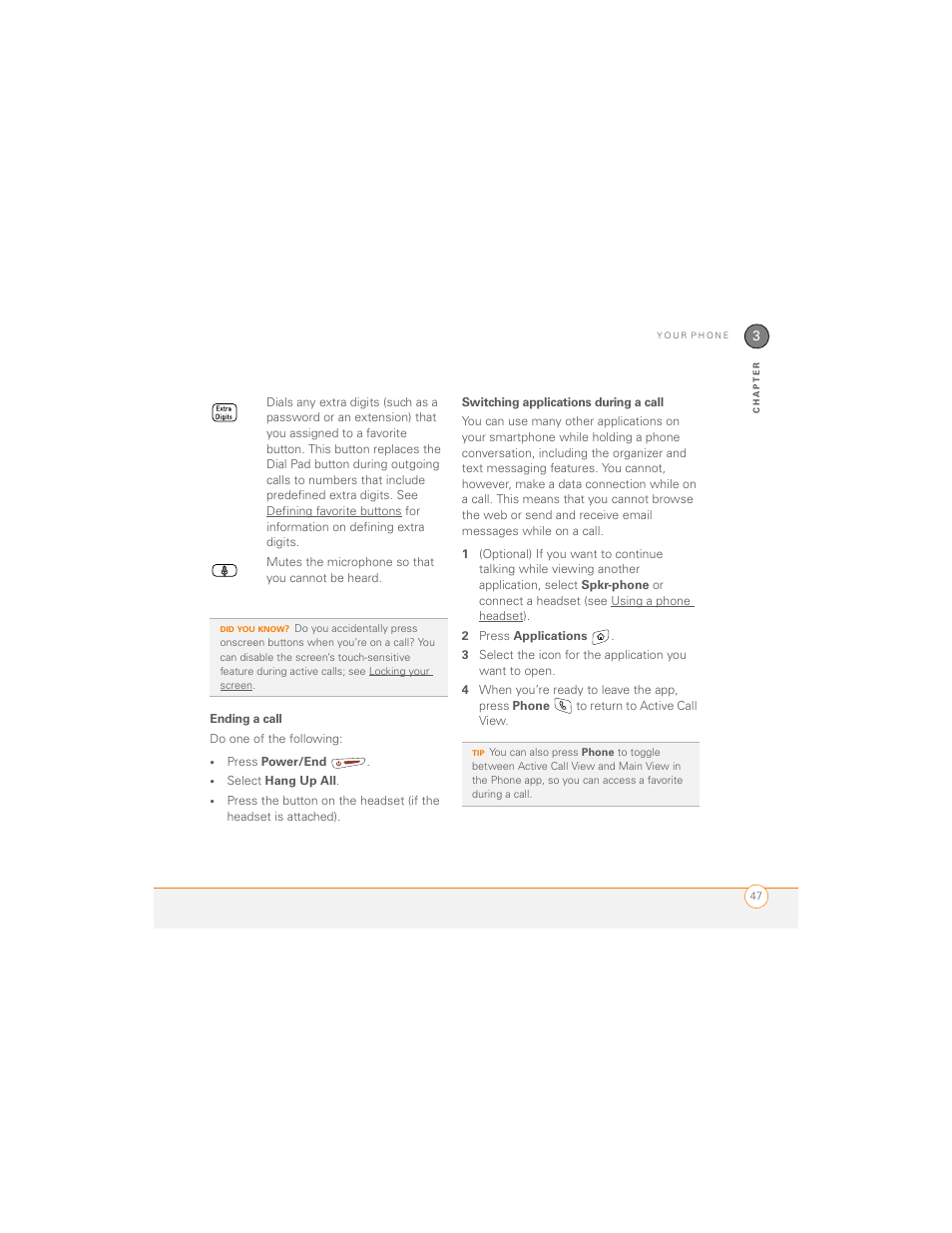 Ending a call, Switching applications during a call | Palm 700P User Manual | Page 53 / 286