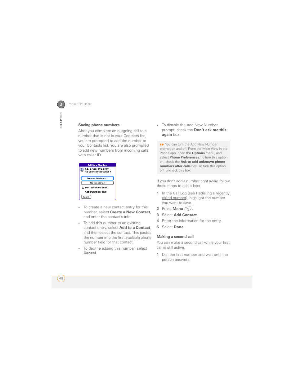 Saving phone numbers, Making a second call | Palm 700P User Manual | Page 54 / 286