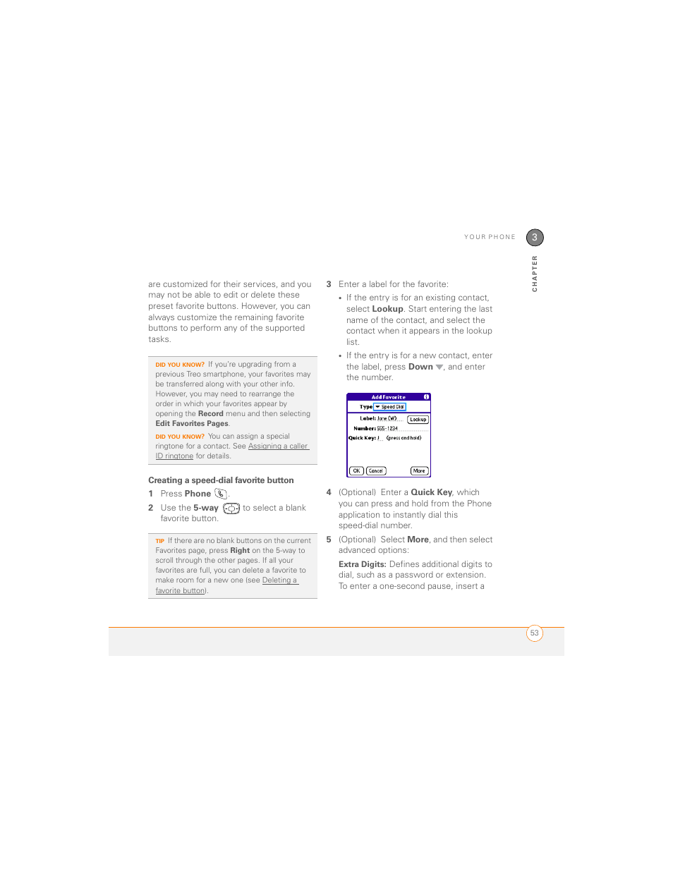 Creating a speed-dial favorite button | Palm 700P User Manual | Page 59 / 286