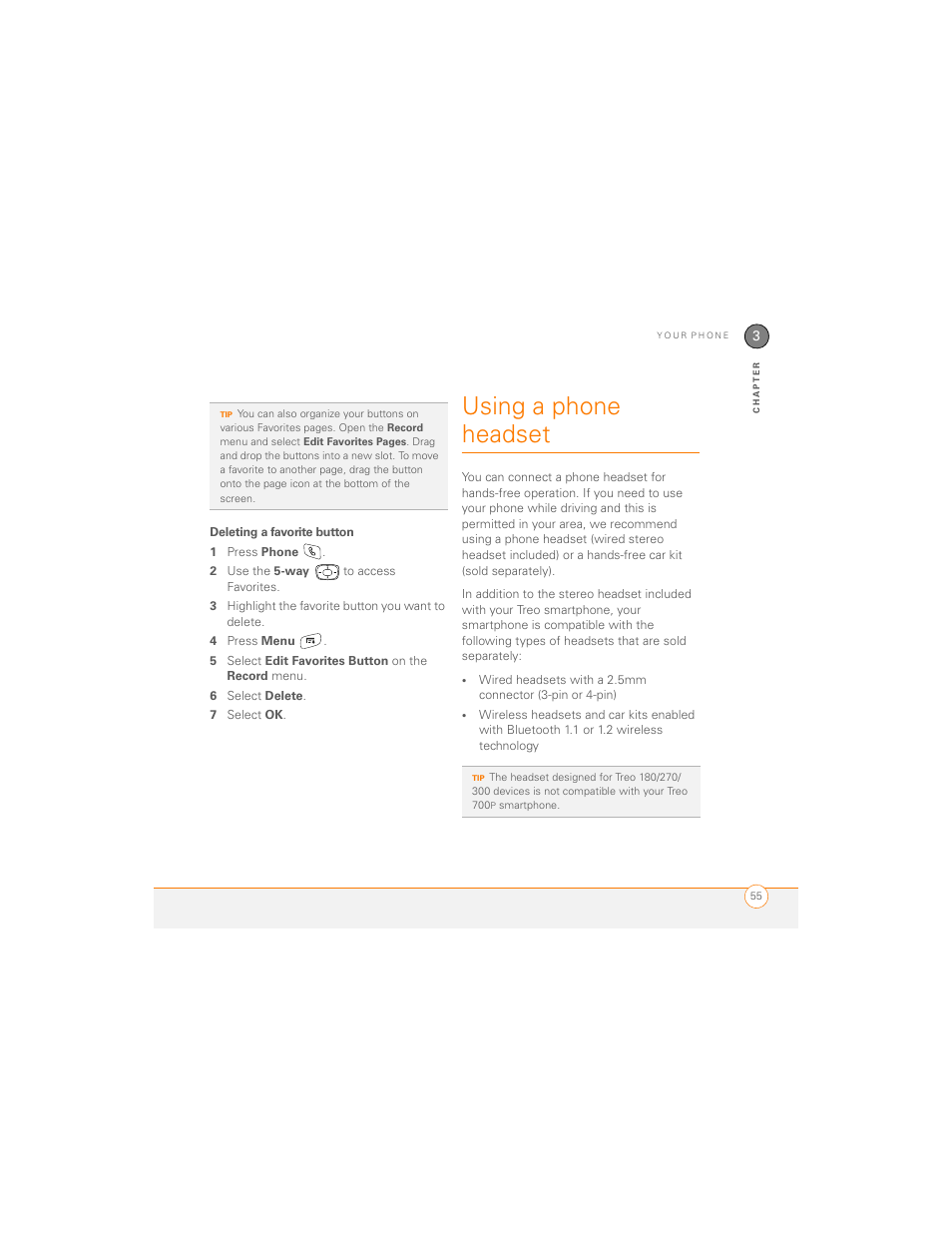 Deleting a favorite button, Using a phone headset | Palm 700P User Manual | Page 61 / 286