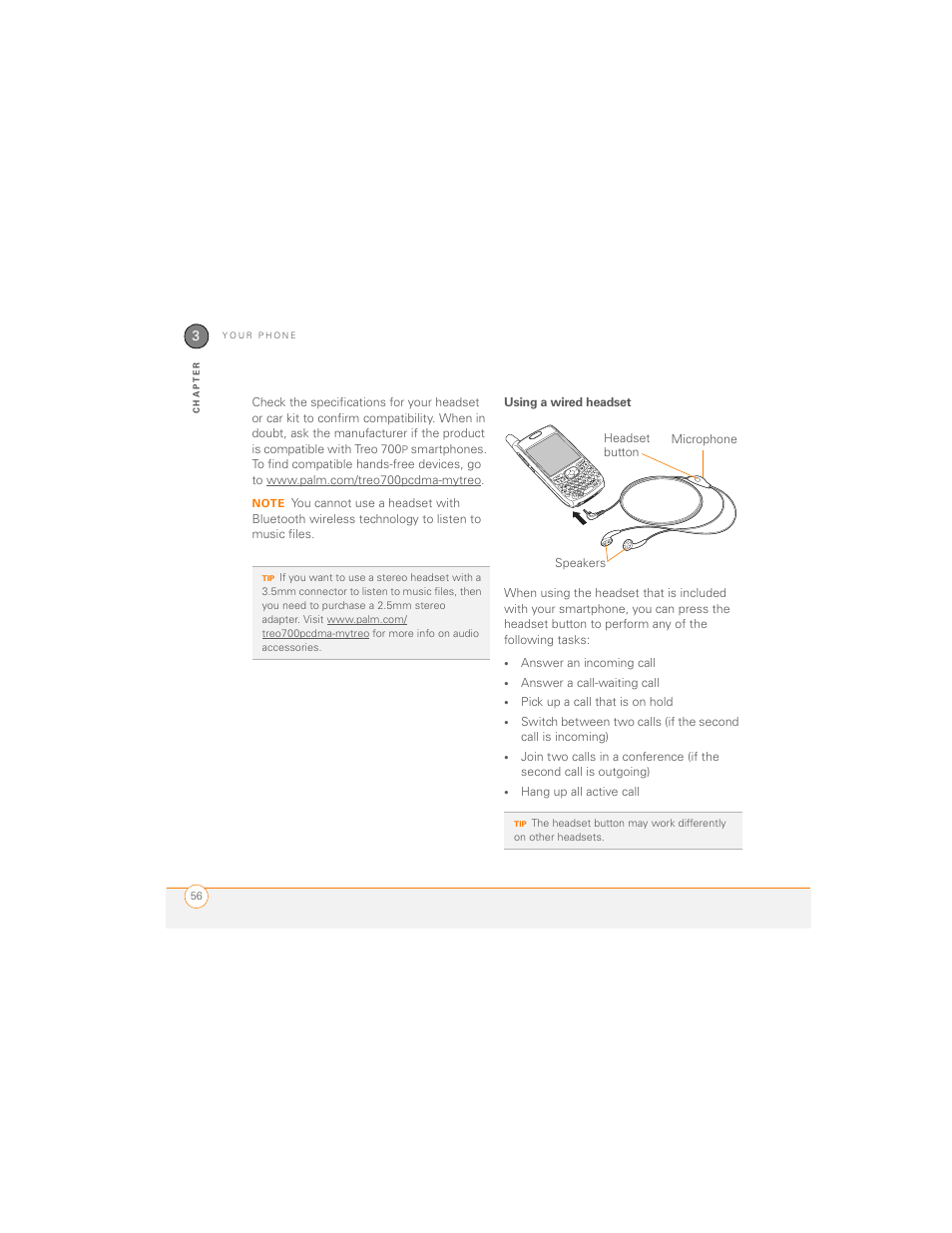 Using a wired headset | Palm 700P User Manual | Page 62 / 286