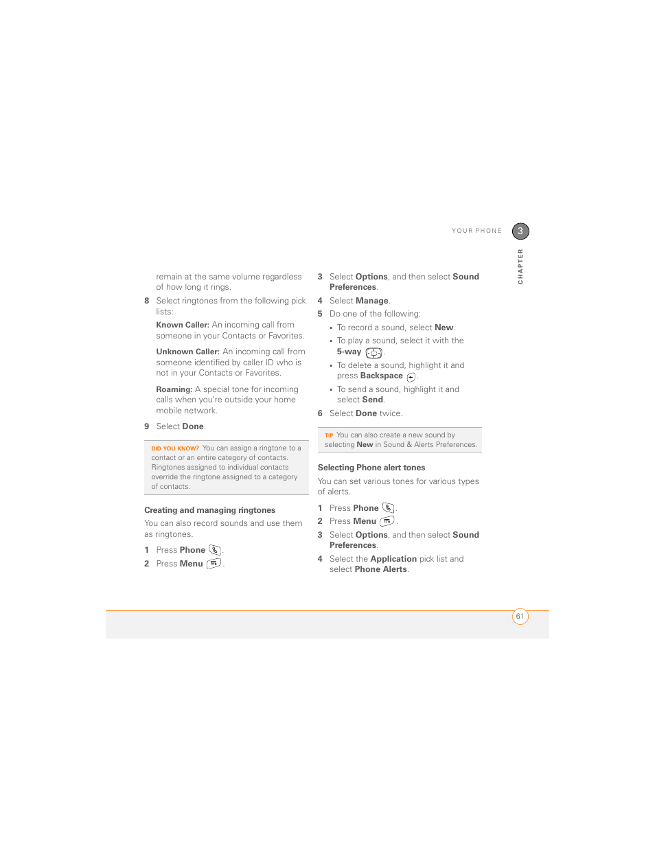 Creating and managing ringtones, Selecting phone alert tones | Palm 700P User Manual | Page 67 / 286