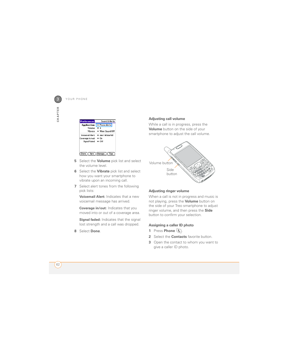 Adjusting call volume, Adjusting ringer volume, Assigning a caller id photo | Palm 700P User Manual | Page 68 / 286