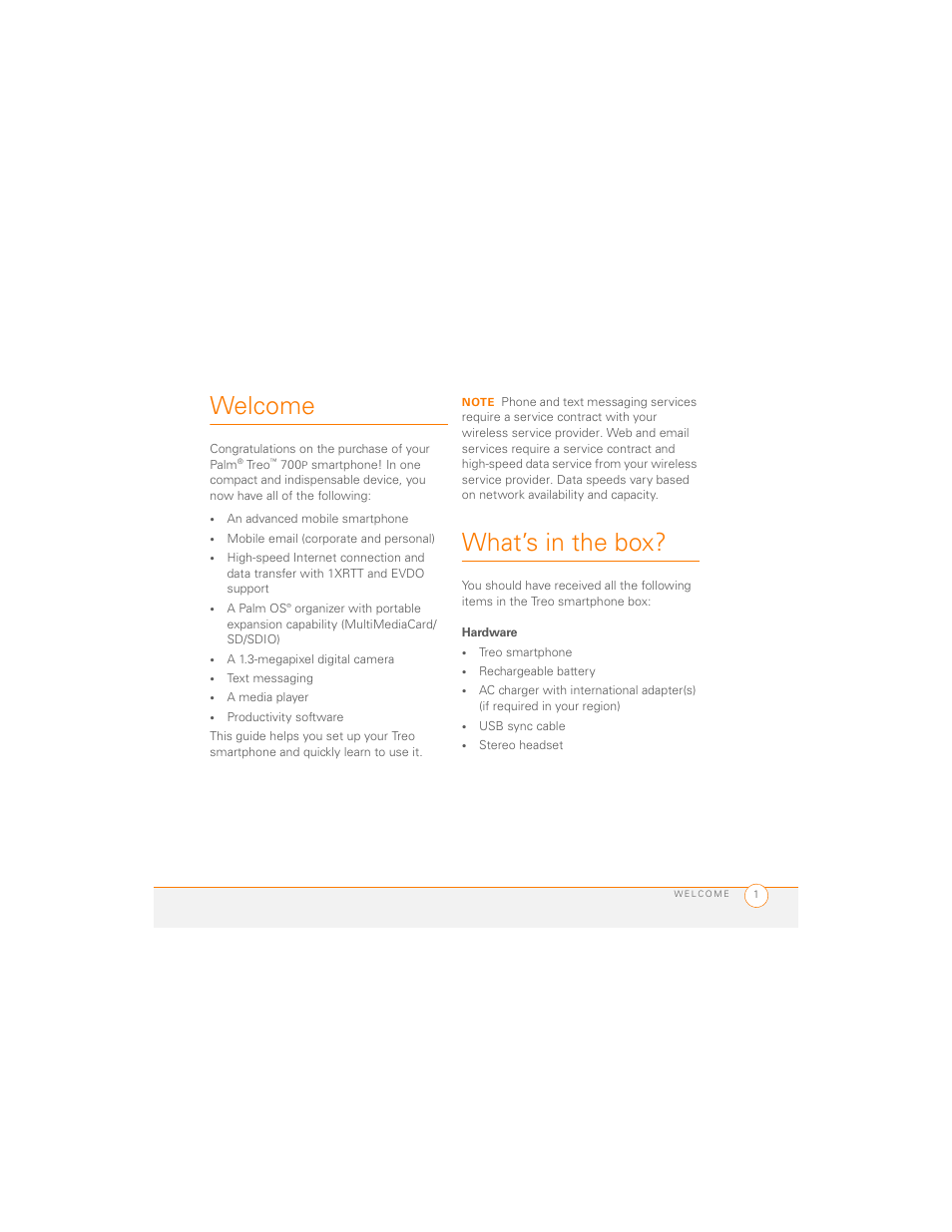 Welcome, What’s in the box, Hardware | Palm 700P User Manual | Page 7 / 286