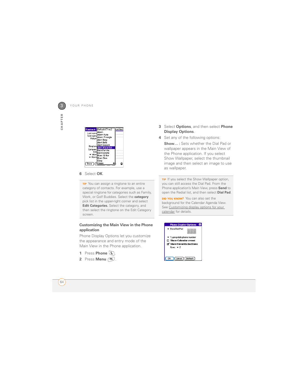 Customizing the main view in the phone application | Palm 700P User Manual | Page 70 / 286