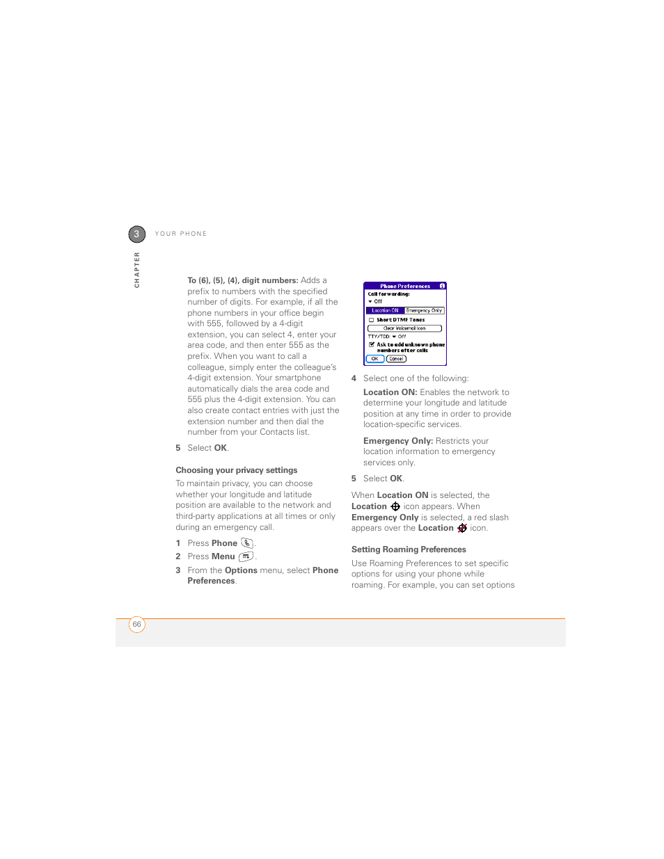 Choosing your privacy settings, Setting roaming preferences | Palm 700P User Manual | Page 72 / 286