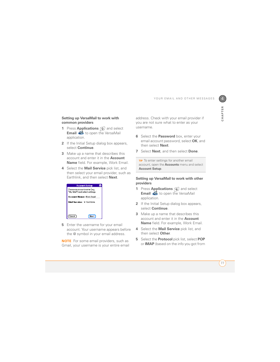 Setting up versamail to work with common providers, Setting up versamail to work with other providers | Palm 700P User Manual | Page 83 / 286