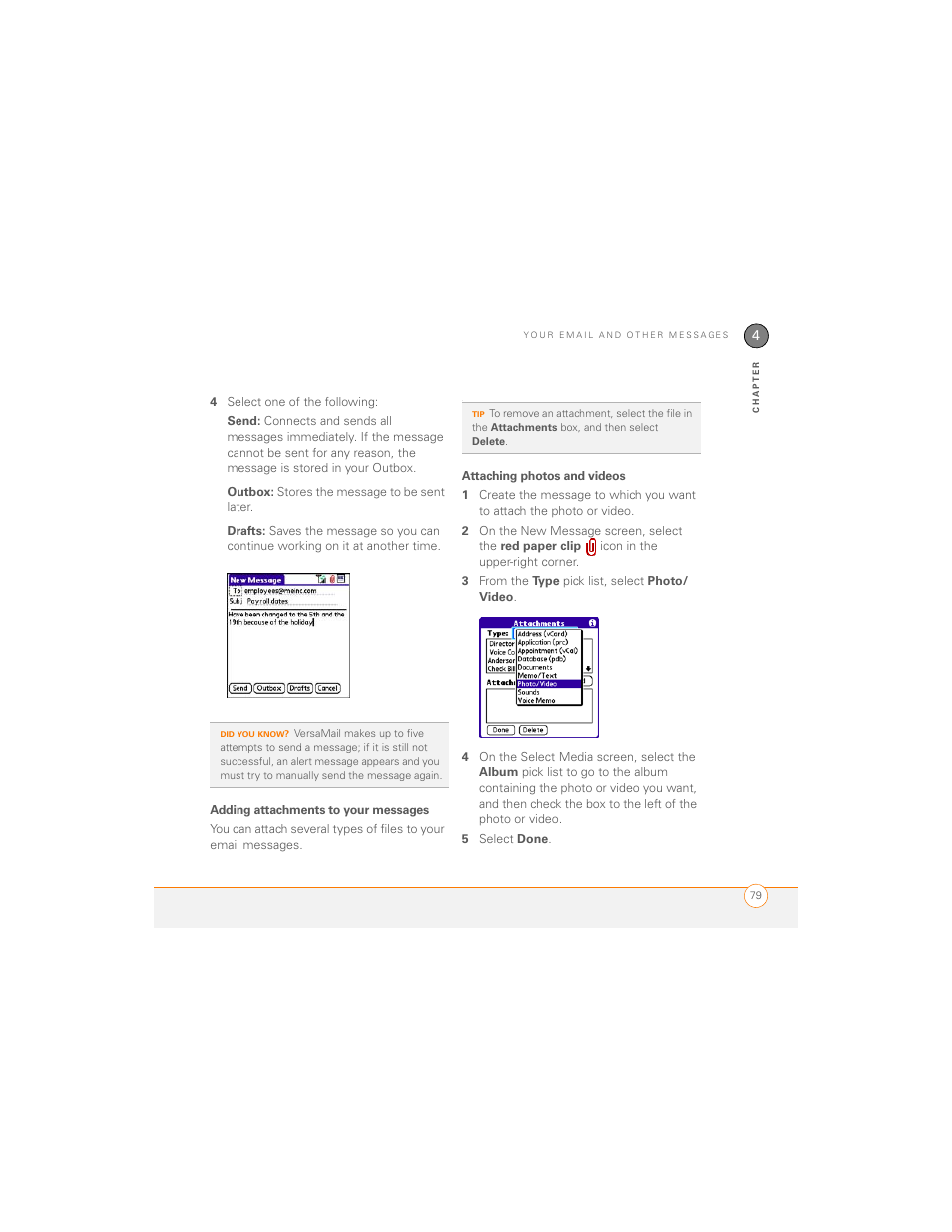 Adding attachments to your messages, Attaching photos and videos | Palm 700P User Manual | Page 85 / 286