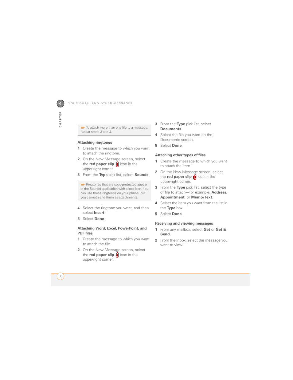 Attaching ringtones, Attaching word, excel, powerpoint, and pdf files, Attaching other types of files | Receiving and viewing messages | Palm 700P User Manual | Page 86 / 286