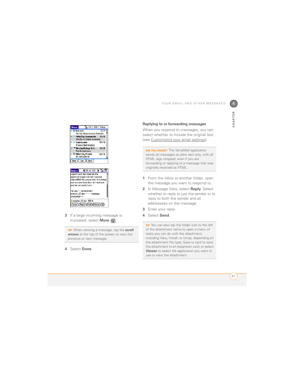 Replying to or forwarding messages | Palm 700P User Manual | Page 87 / 286