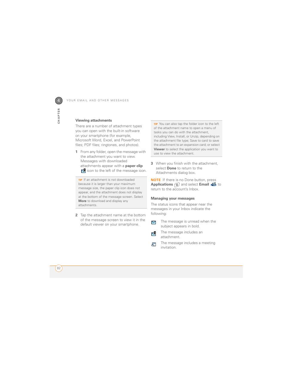 Viewing attachments, Managing your messages | Palm 700P User Manual | Page 88 / 286