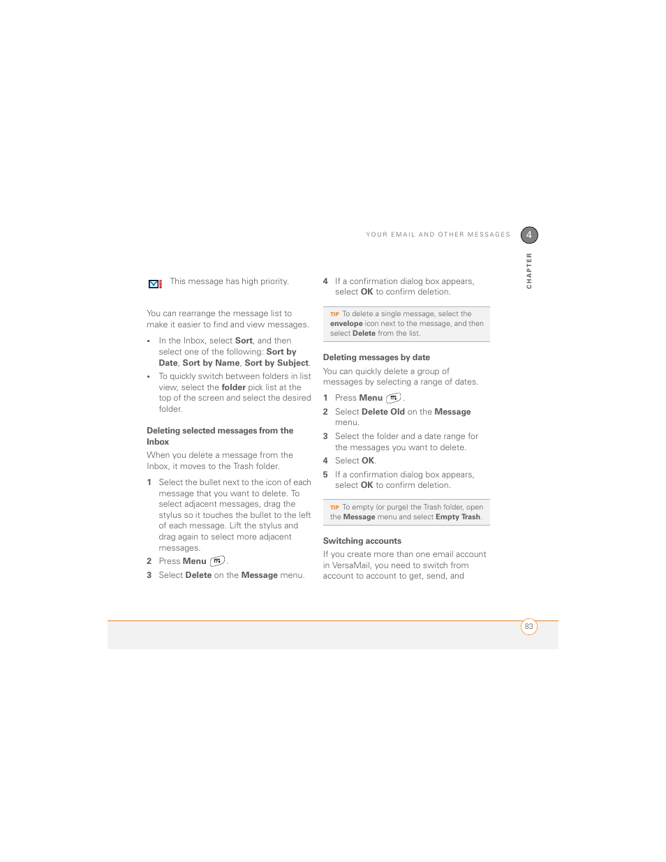 Deleting selected messages from the inbox, Deleting messages by date, Switching accounts | Palm 700P User Manual | Page 89 / 286