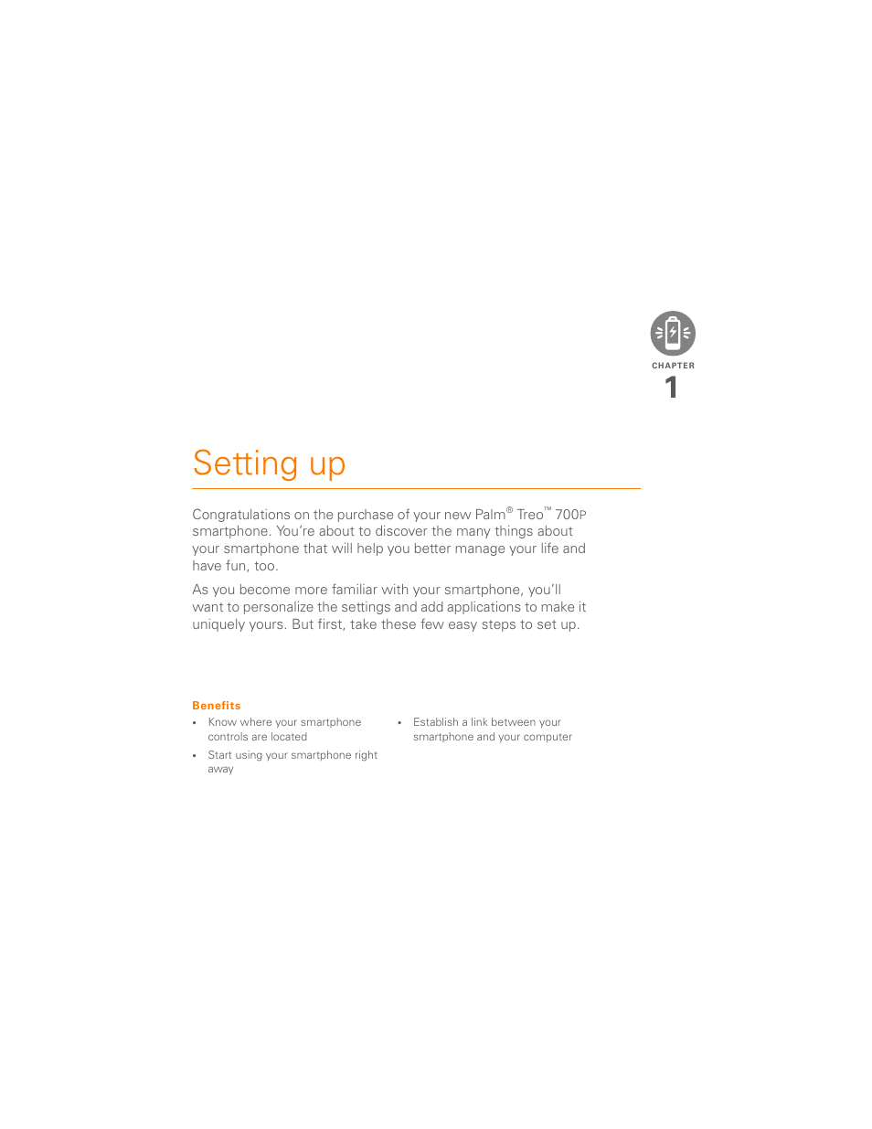 Setting up, Chapter 1: setting up | Palm 700P User Manual | Page 9 / 286