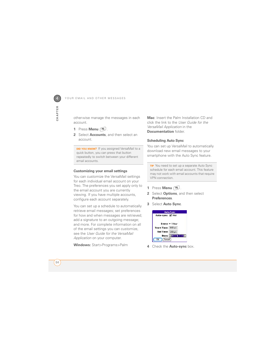 Customizing your email settings, Scheduling auto sync | Palm 700P User Manual | Page 90 / 286