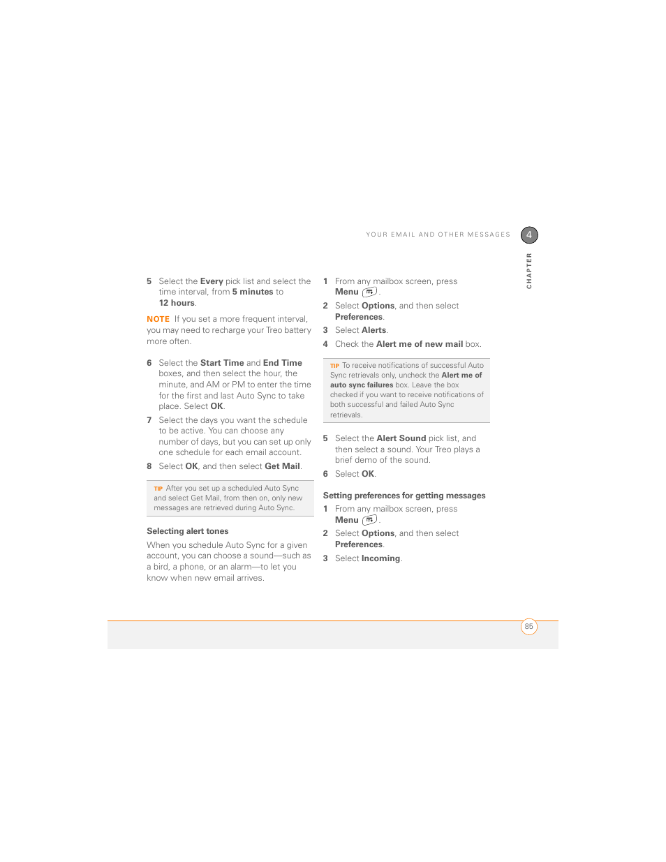 Selecting alert tones, Setting preferences for getting messages | Palm 700P User Manual | Page 91 / 286