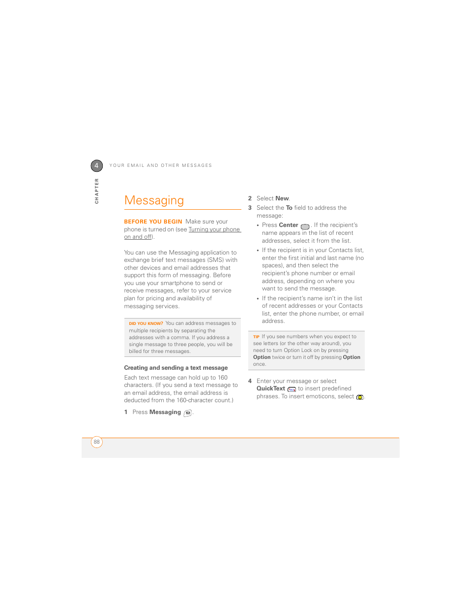 Messaging, Creating and sending a text message | Palm 700P User Manual | Page 94 / 286