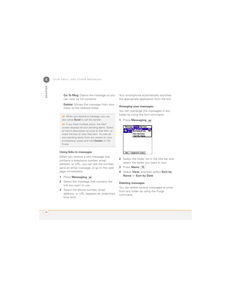 Using links in messages, Arranging your messages, Deleting messages | Palm 700P User Manual | Page 96 / 286