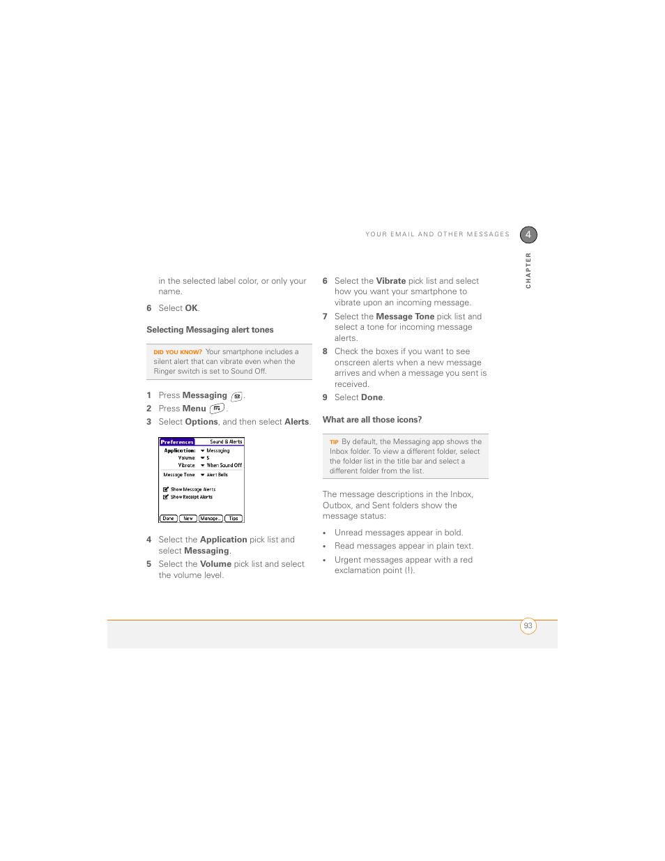 Selecting messaging alert tones, What are all those icons | Palm 700P User Manual | Page 99 / 286