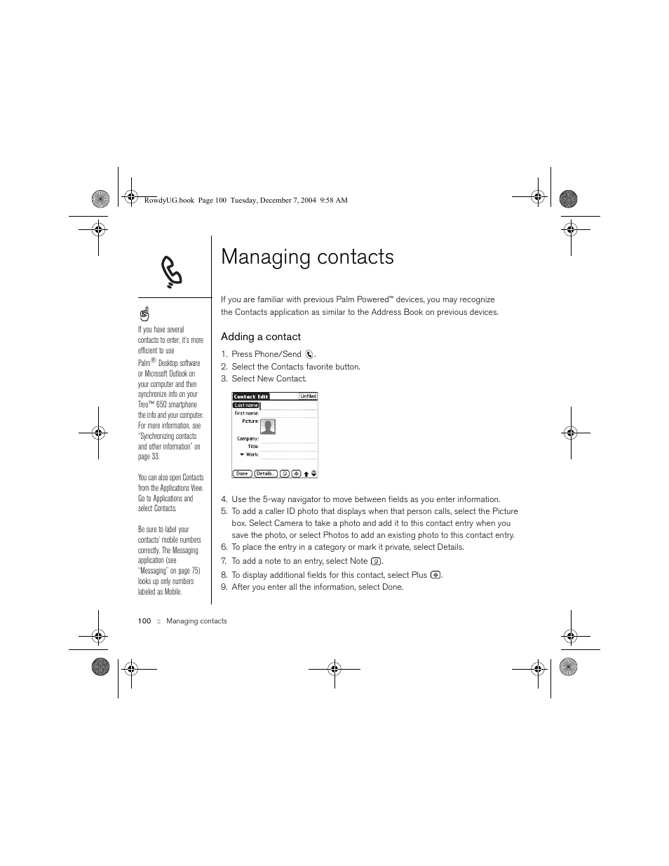 Managing contacts, Adding a contact | Palm TREOTM 650 User Manual | Page 102 / 208