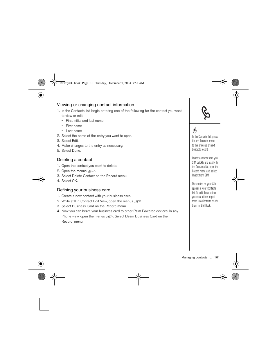 Viewing or changing contact information, Deleting a contact, Defining your business card | Palm TREOTM 650 User Manual | Page 103 / 208