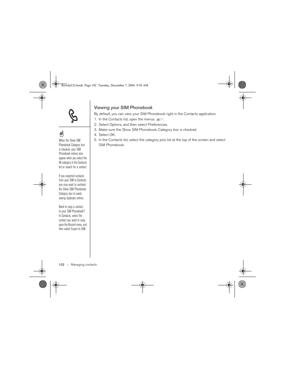 Viewing your sim phonebook | Palm TREOTM 650 User Manual | Page 104 / 208