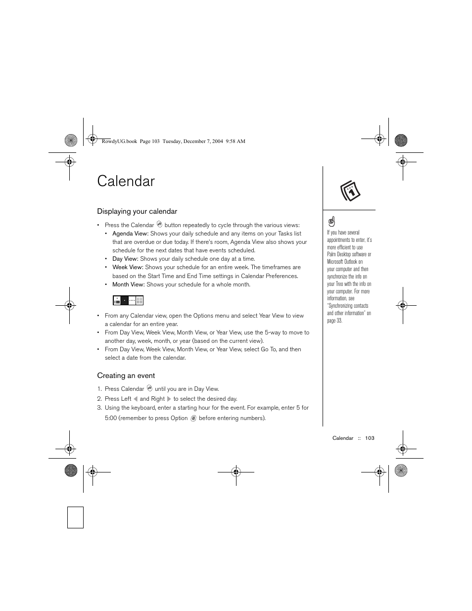 Calendar, Displaying your calendar, Creating an event | Palm TREOTM 650 User Manual | Page 105 / 208