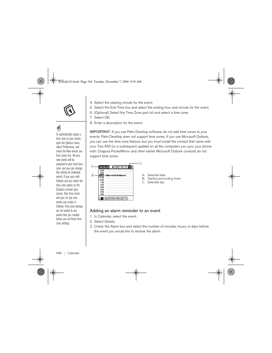 Adding an alarm reminder to an event | Palm TREOTM 650 User Manual | Page 106 / 208