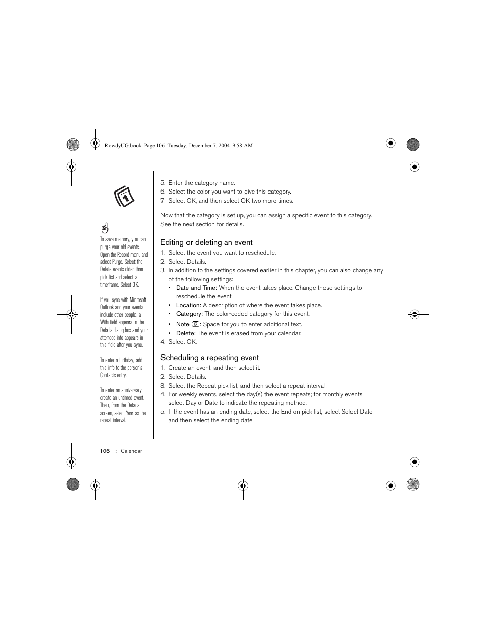 Editing or deleting an event, Scheduling a repeating event | Palm TREOTM 650 User Manual | Page 108 / 208