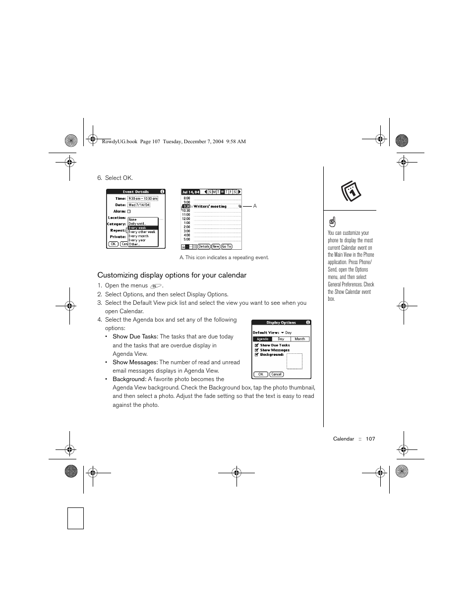 Customizing display options for your calendar | Palm TREOTM 650 User Manual | Page 109 / 208