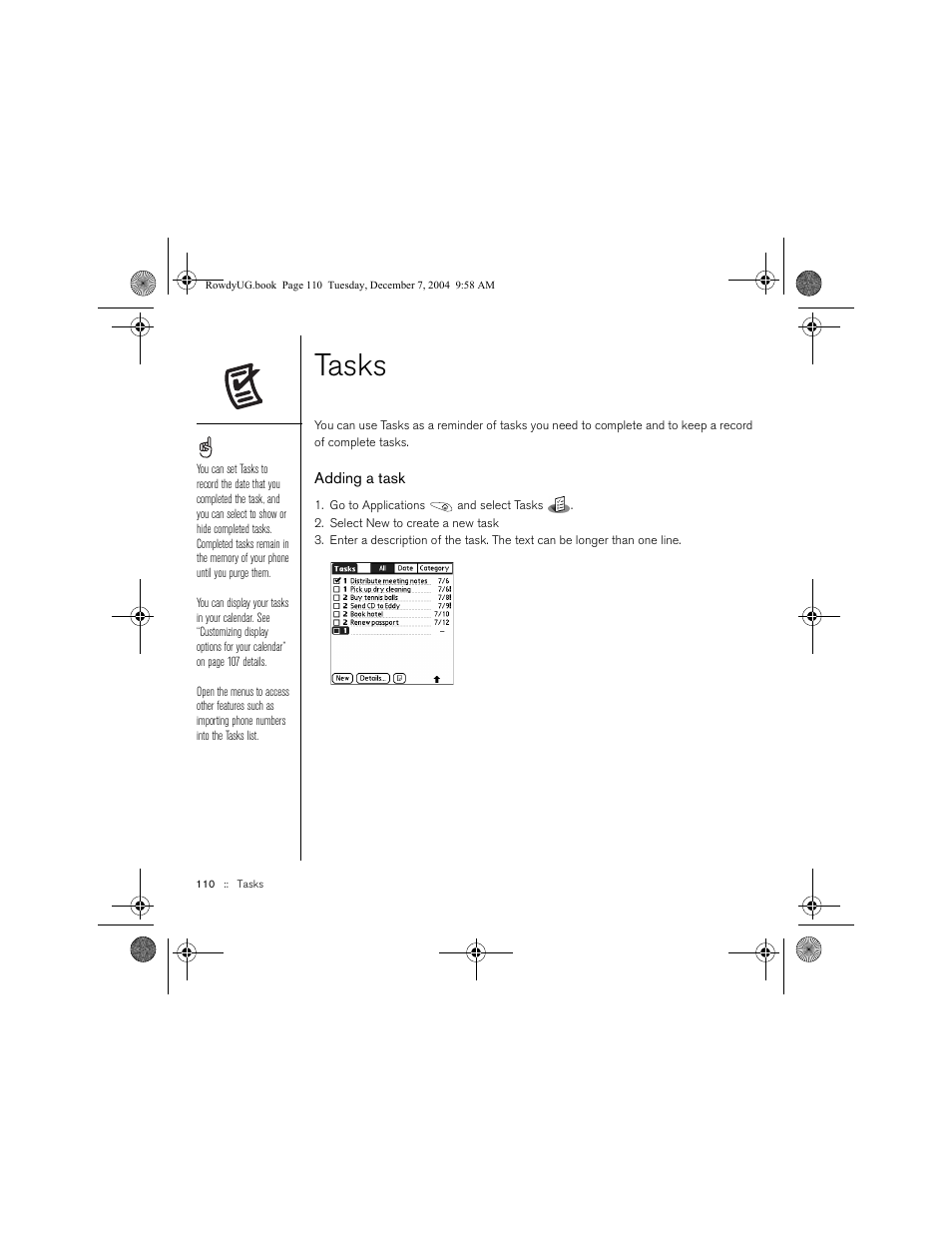 Tasks, Adding a task | Palm TREOTM 650 User Manual | Page 112 / 208