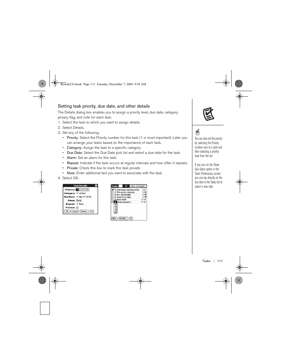 Setting task priority, due date, and other details | Palm TREOTM 650 User Manual | Page 113 / 208