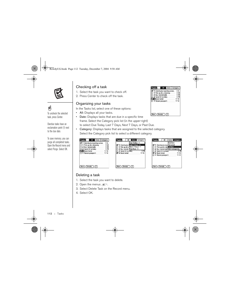 Checking off a task, Organizing your tasks, Deleting a task | Palm TREOTM 650 User Manual | Page 114 / 208