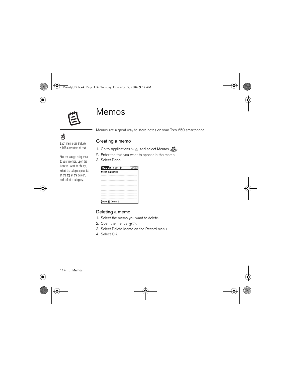 Memos, Creating a memo, Deleting a memo | Palm TREOTM 650 User Manual | Page 116 / 208