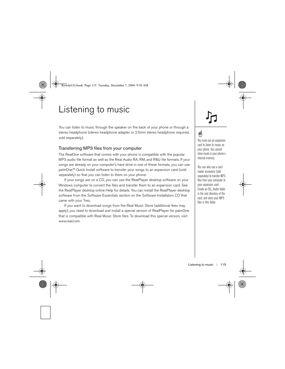 Listening to music, Transferring mp3 files from your computer | Palm TREOTM 650 User Manual | Page 117 / 208