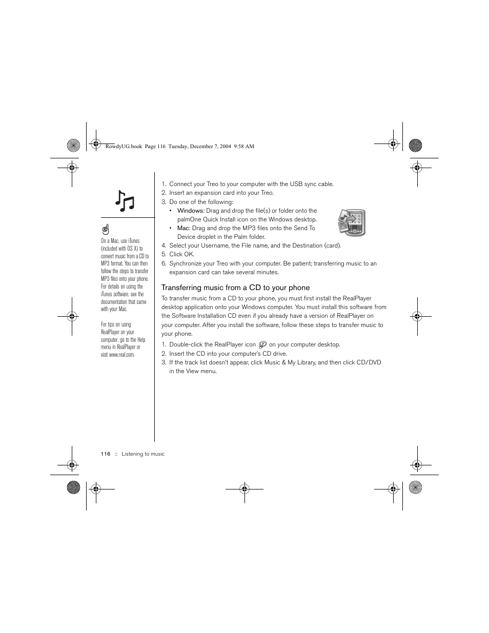 Transferring music from a cd to your phone | Palm TREOTM 650 User Manual | Page 118 / 208
