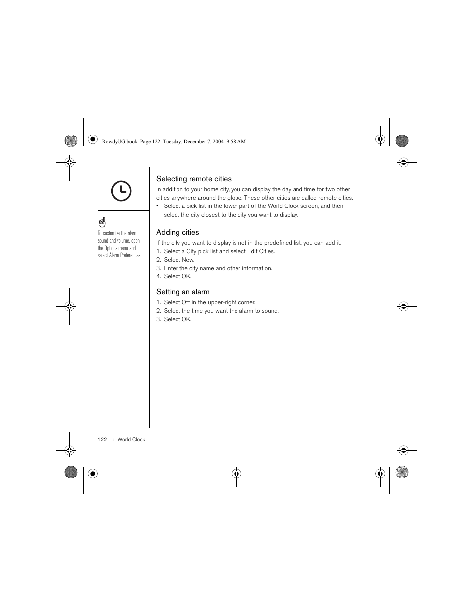 Selecting remote cities, Adding cities, Setting an alarm | Palm TREOTM 650 User Manual | Page 124 / 208