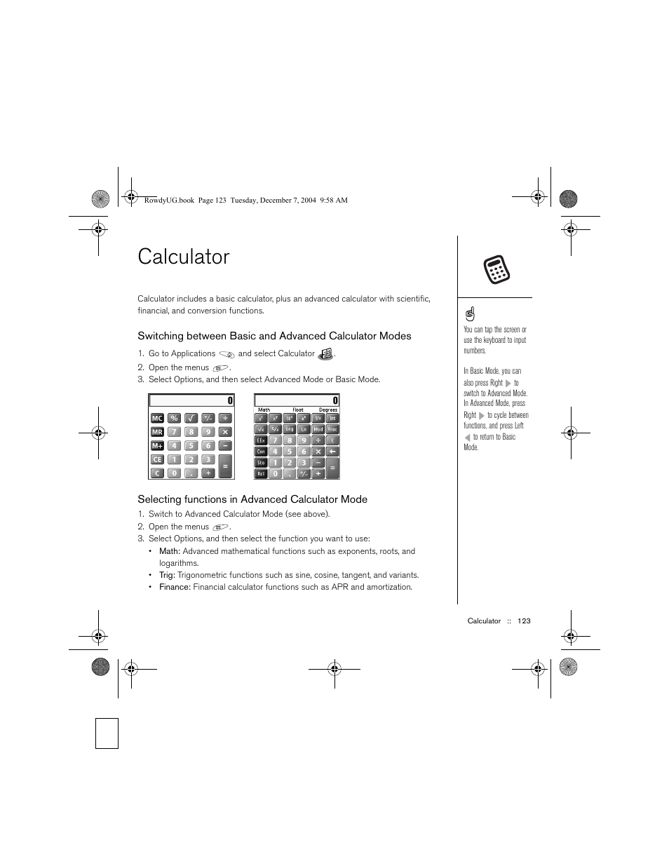 Calculator, Selecting functions in advanced calculator mode | Palm TREOTM 650 User Manual | Page 125 / 208