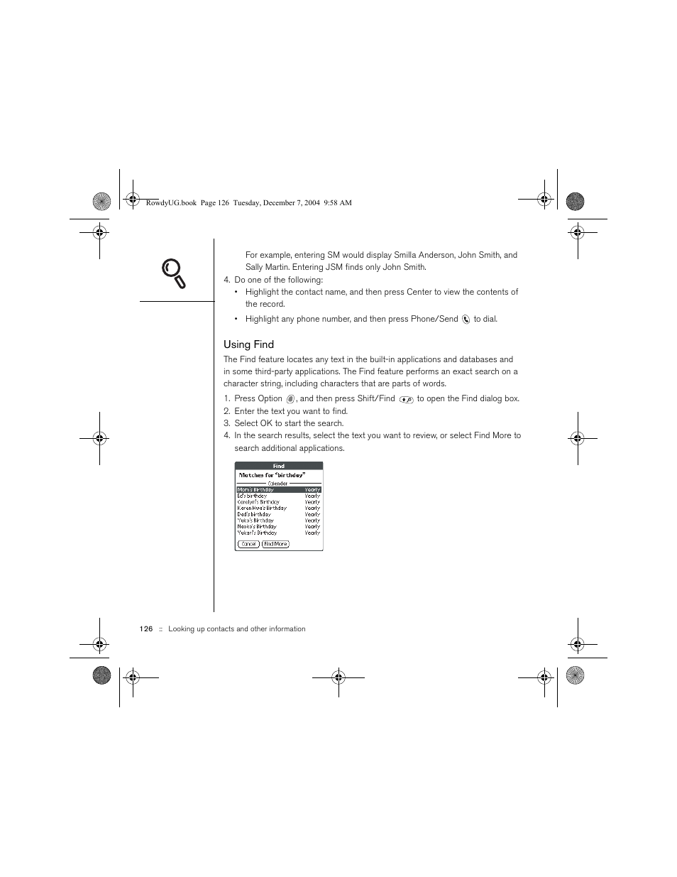 Using find | Palm TREOTM 650 User Manual | Page 128 / 208