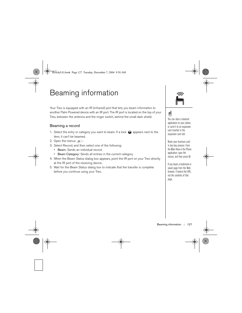 Beaming information, Beaming a record | Palm TREOTM 650 User Manual | Page 129 / 208