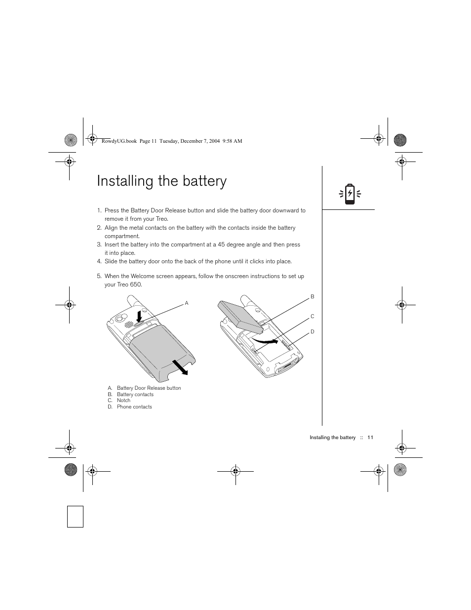 Installing the battery | Palm TREOTM 650 User Manual | Page 13 / 208
