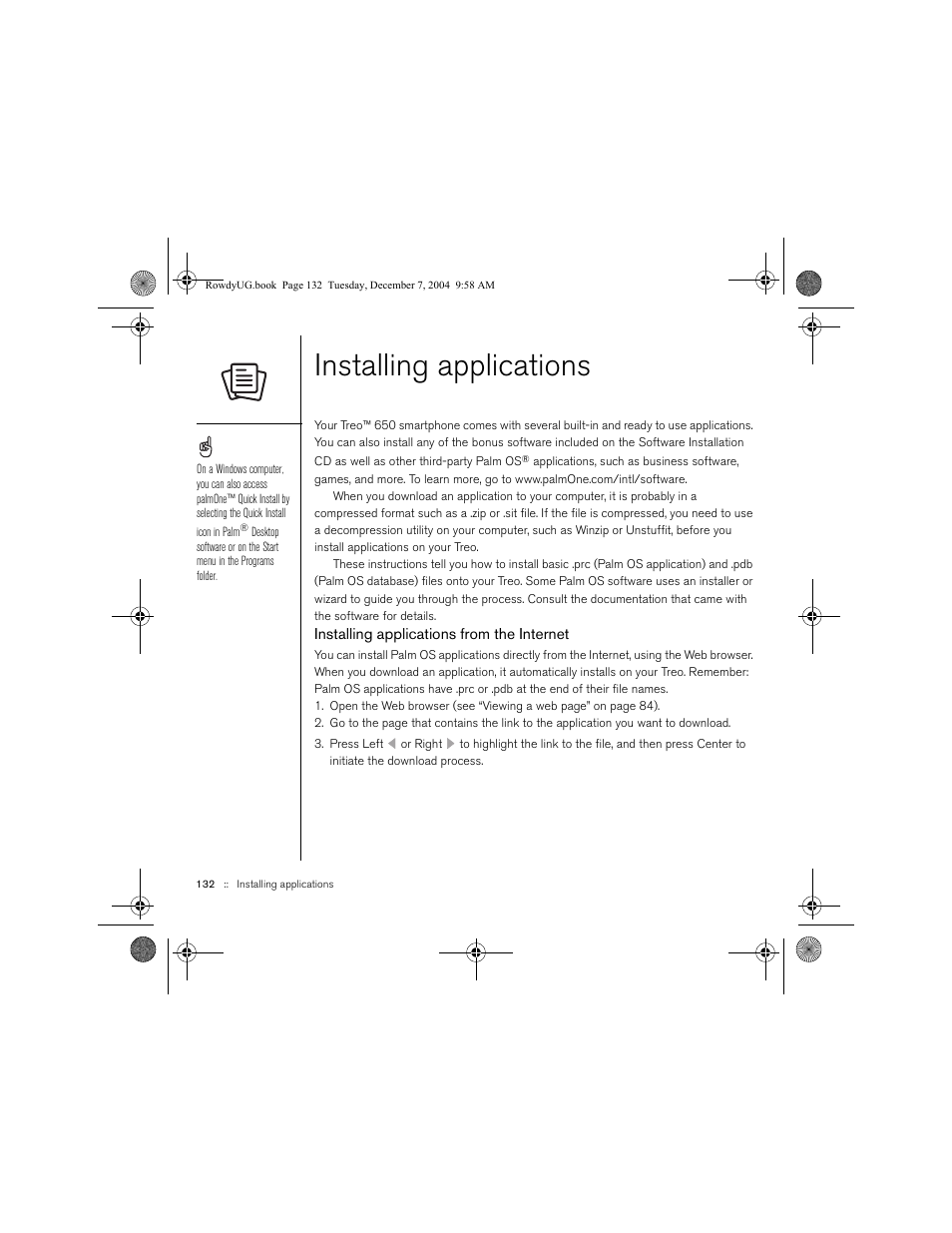 Installing applications, Installing applications from the internet | Palm TREOTM 650 User Manual | Page 134 / 208