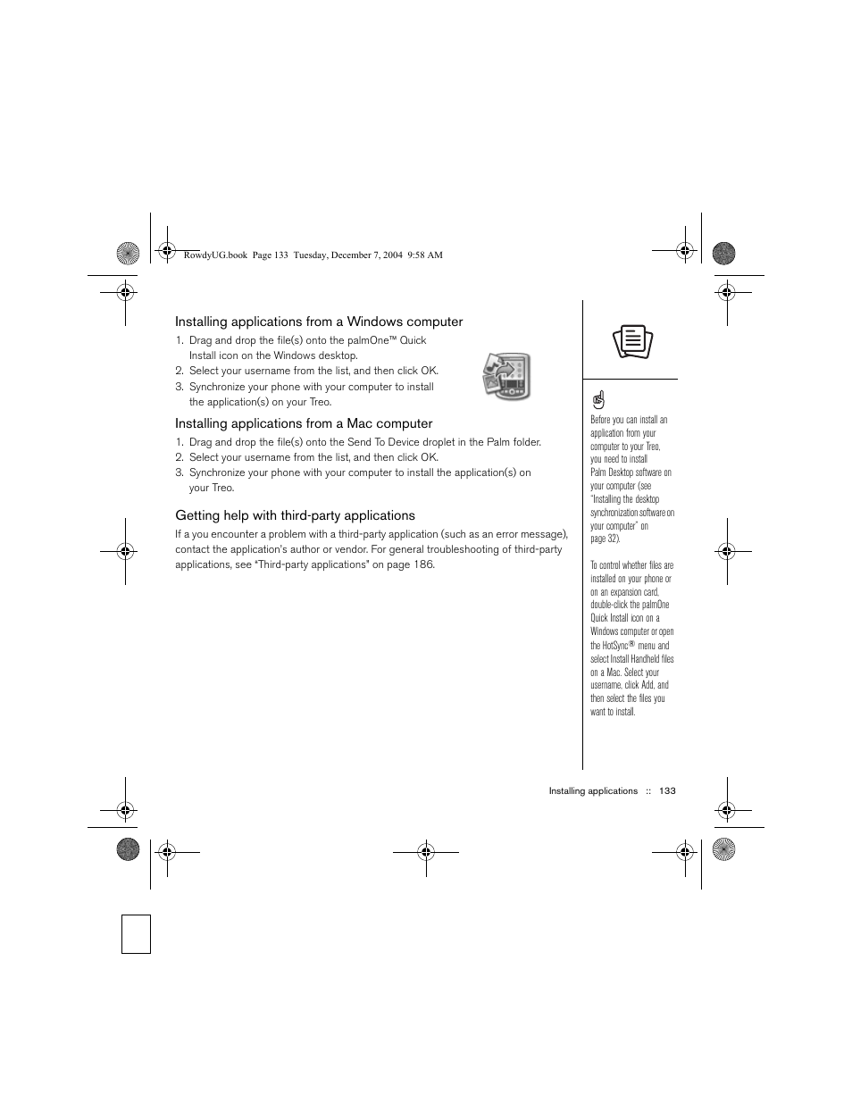 Installing applications from a windows computer, Installing applications from a mac computer, Getting help with third-party applications | Palm TREOTM 650 User Manual | Page 135 / 208