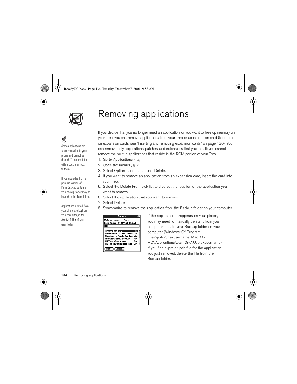 Removing applications | Palm TREOTM 650 User Manual | Page 136 / 208