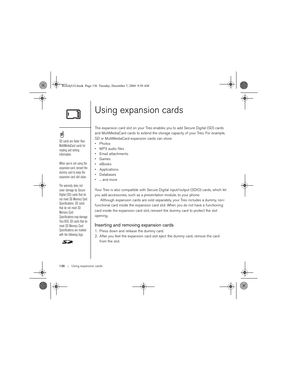 Using expansion cards, Inserting and removing expansion cards | Palm TREOTM 650 User Manual | Page 138 / 208