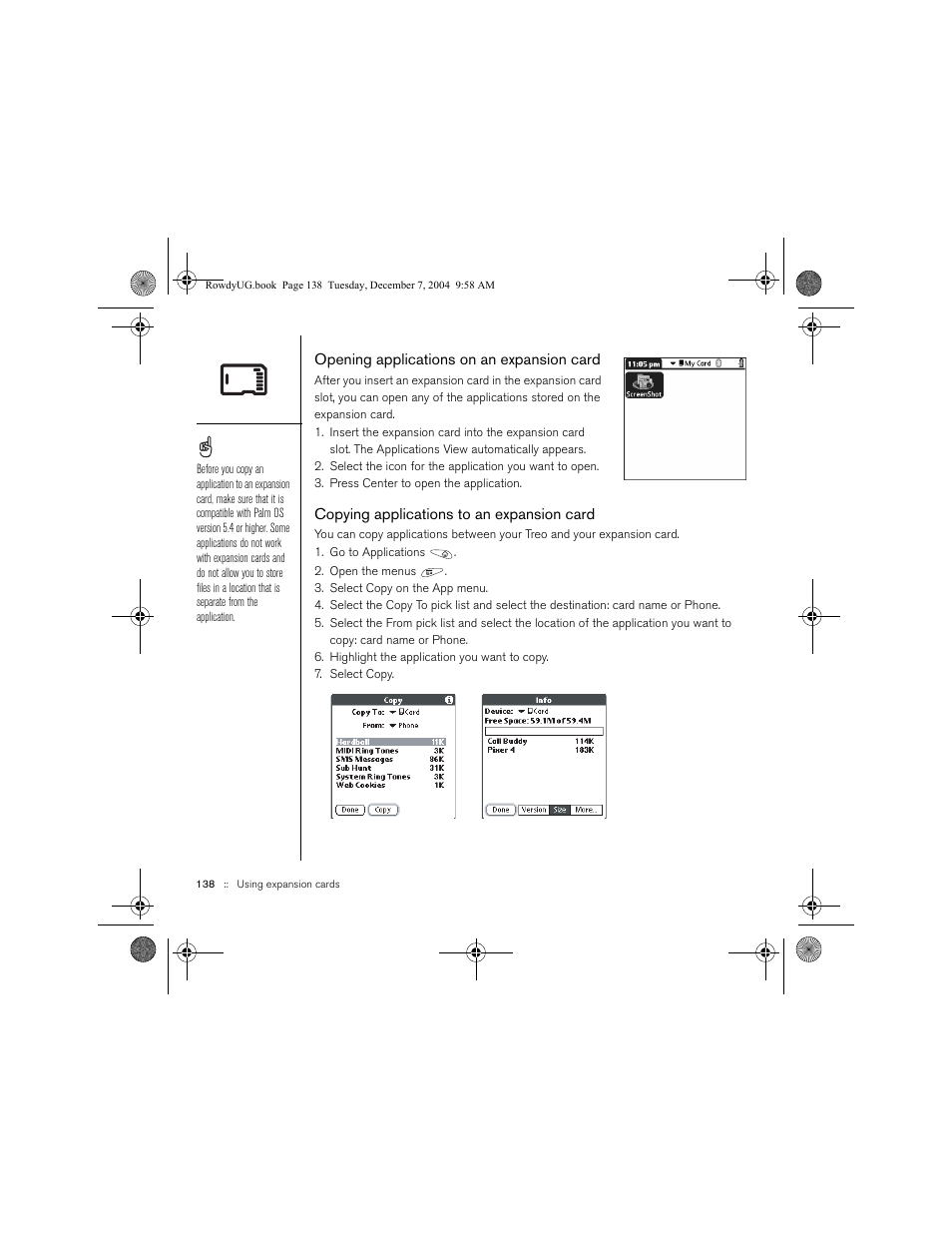 Opening applications on an expansion card, Copying applications to an expansion card | Palm TREOTM 650 User Manual | Page 140 / 208