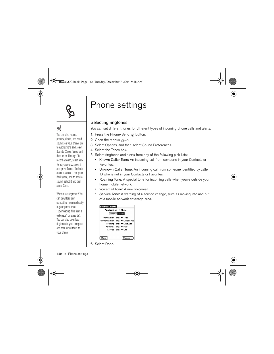 Phone settings, Selecting ringtones | Palm TREOTM 650 User Manual | Page 144 / 208