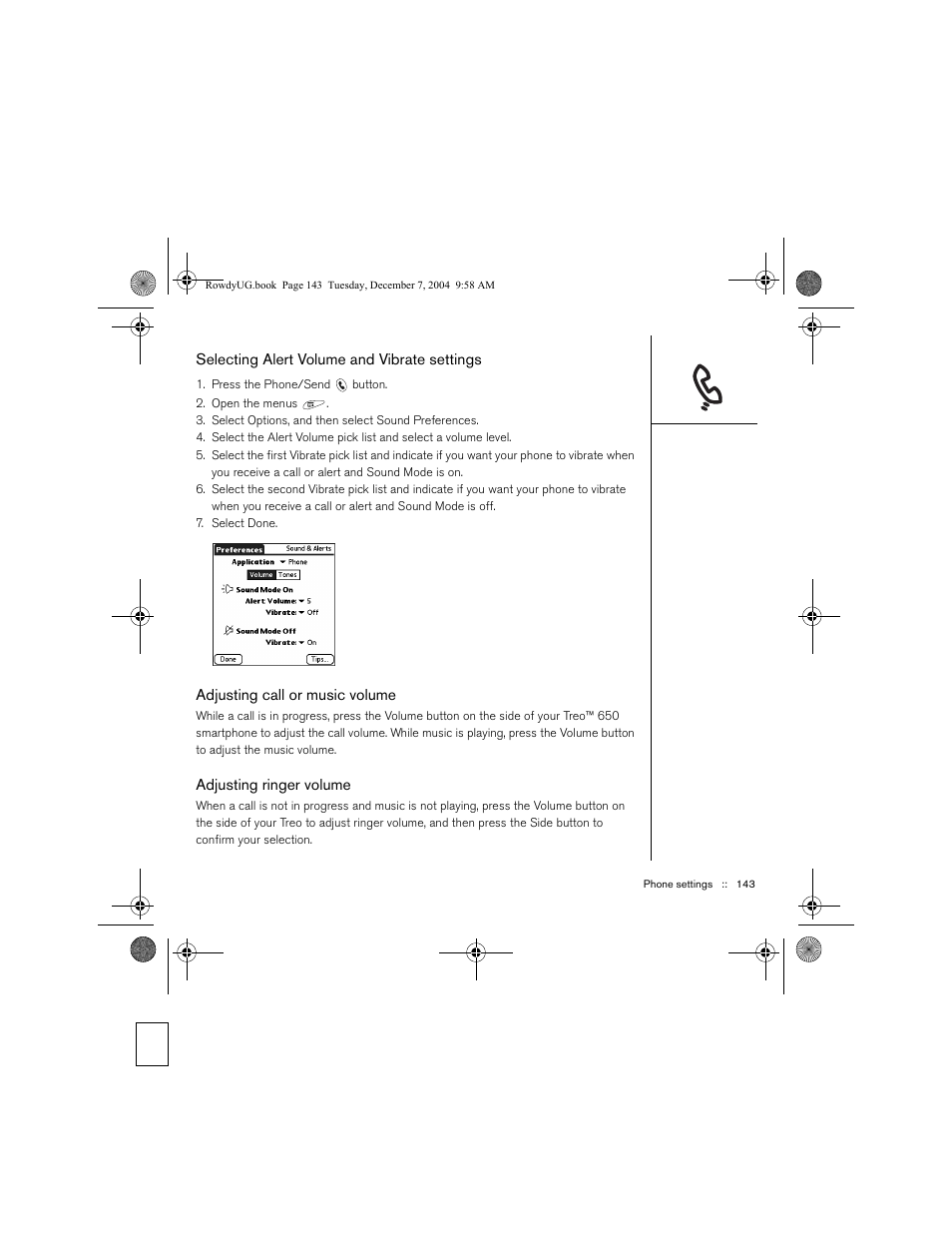 Selecting alert volume and vibrate settings, Adjusting call or music volume, Adjusting ringer volume | Palm TREOTM 650 User Manual | Page 145 / 208