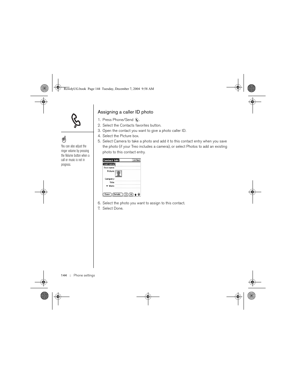 Assigning a caller id photo | Palm TREOTM 650 User Manual | Page 146 / 208